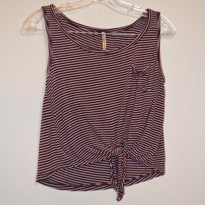 SPLASH Brown-White Stripes Pattern Small Front Pocket Tied Waist Rayon Top S
